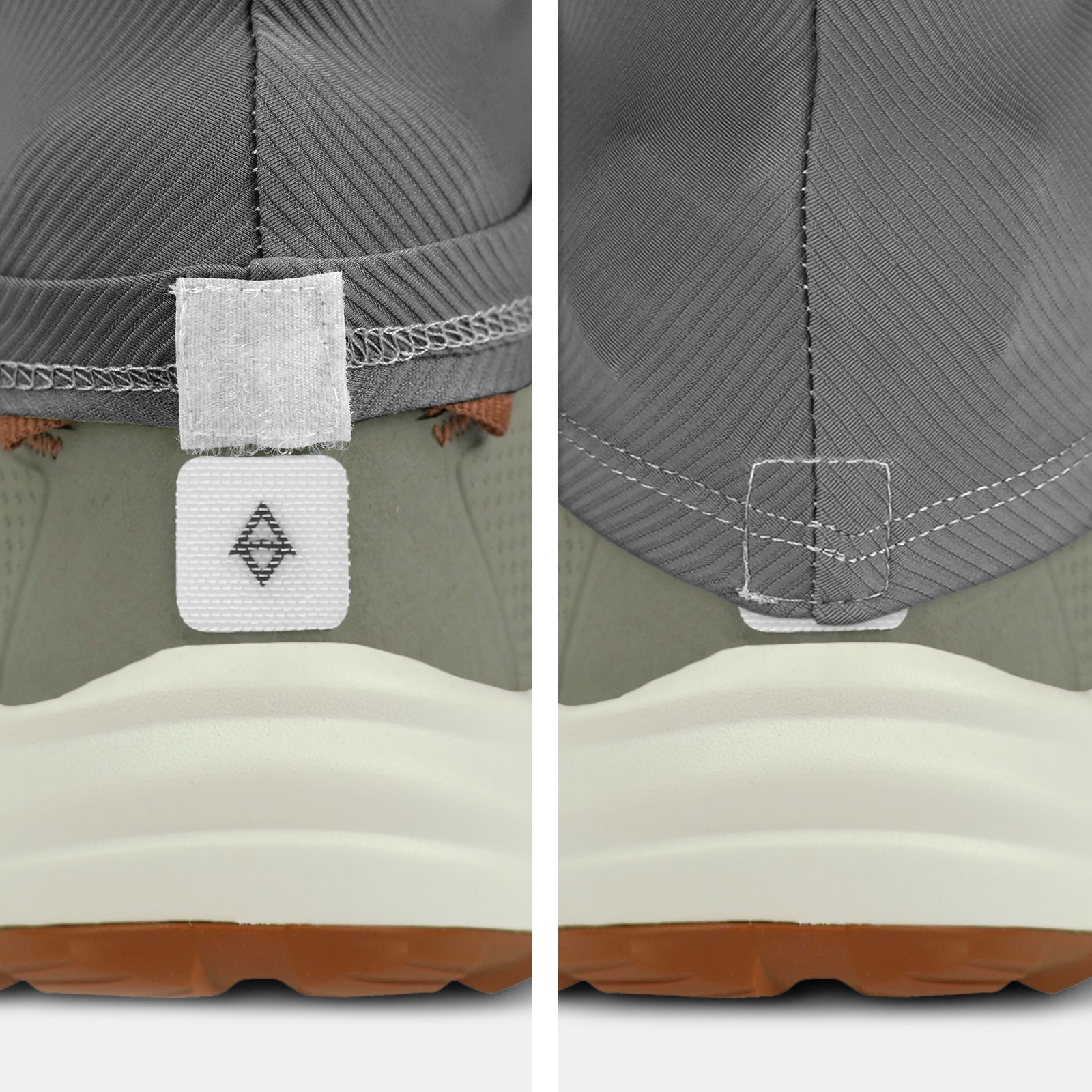 Close-up of the back of a shoe with a trado gaiter grip and trail gaiter