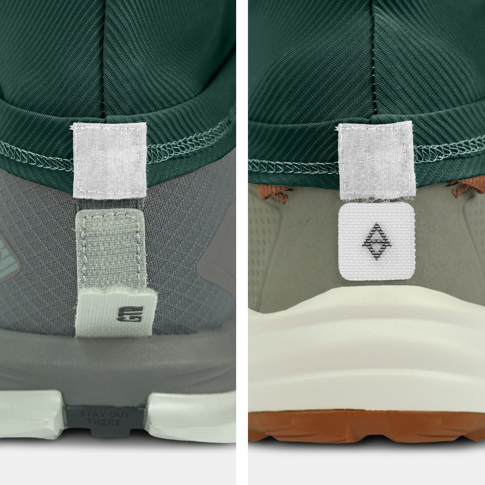 Close-up of back of two shoes on a white background with gaiter compatibility and trado gaiter grips forrest green