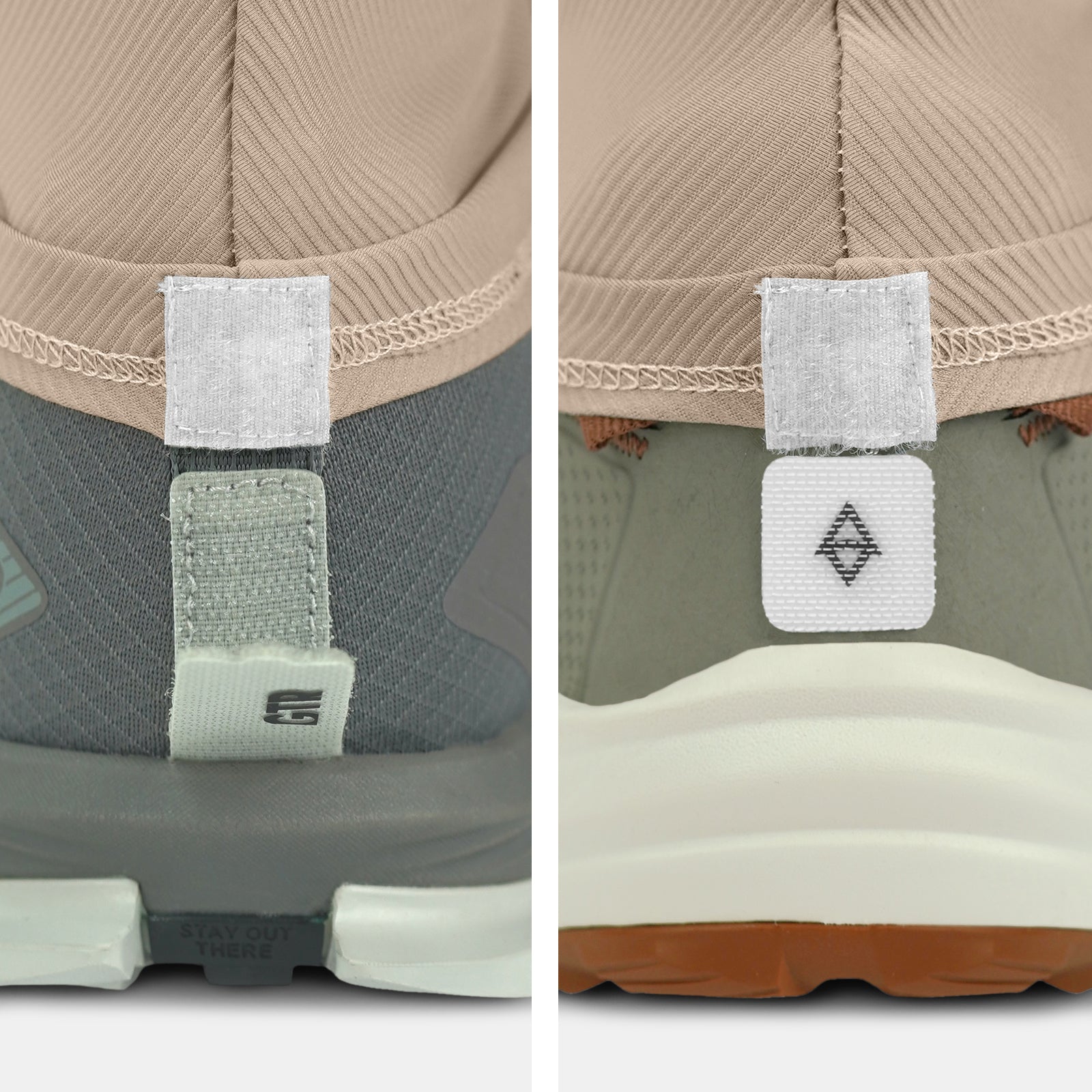 Close-up of back of two shoes on a white background with gaiter compatibility and trado gaiter grips tan