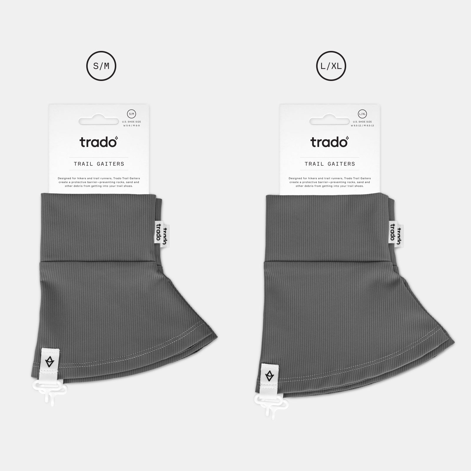 two sizes of trado trail gaiters charcoal