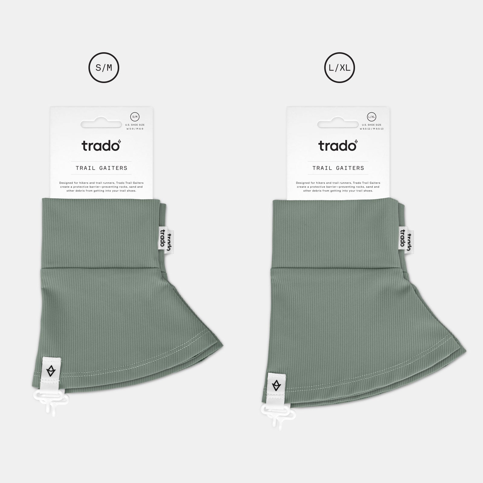 two sizes of trado trail gaiters dusty green