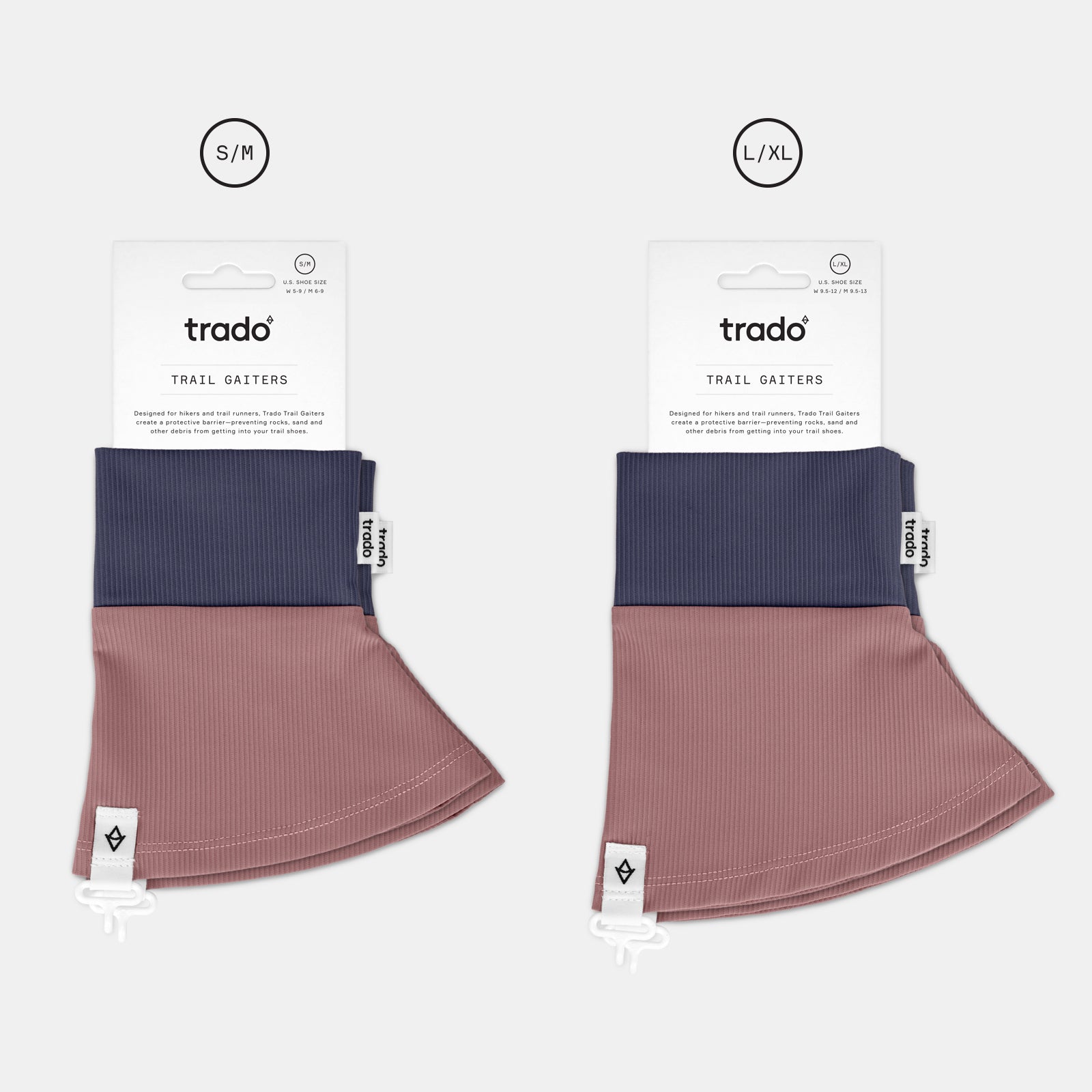 two sizes of trado trail gaiters dark indigo dark red