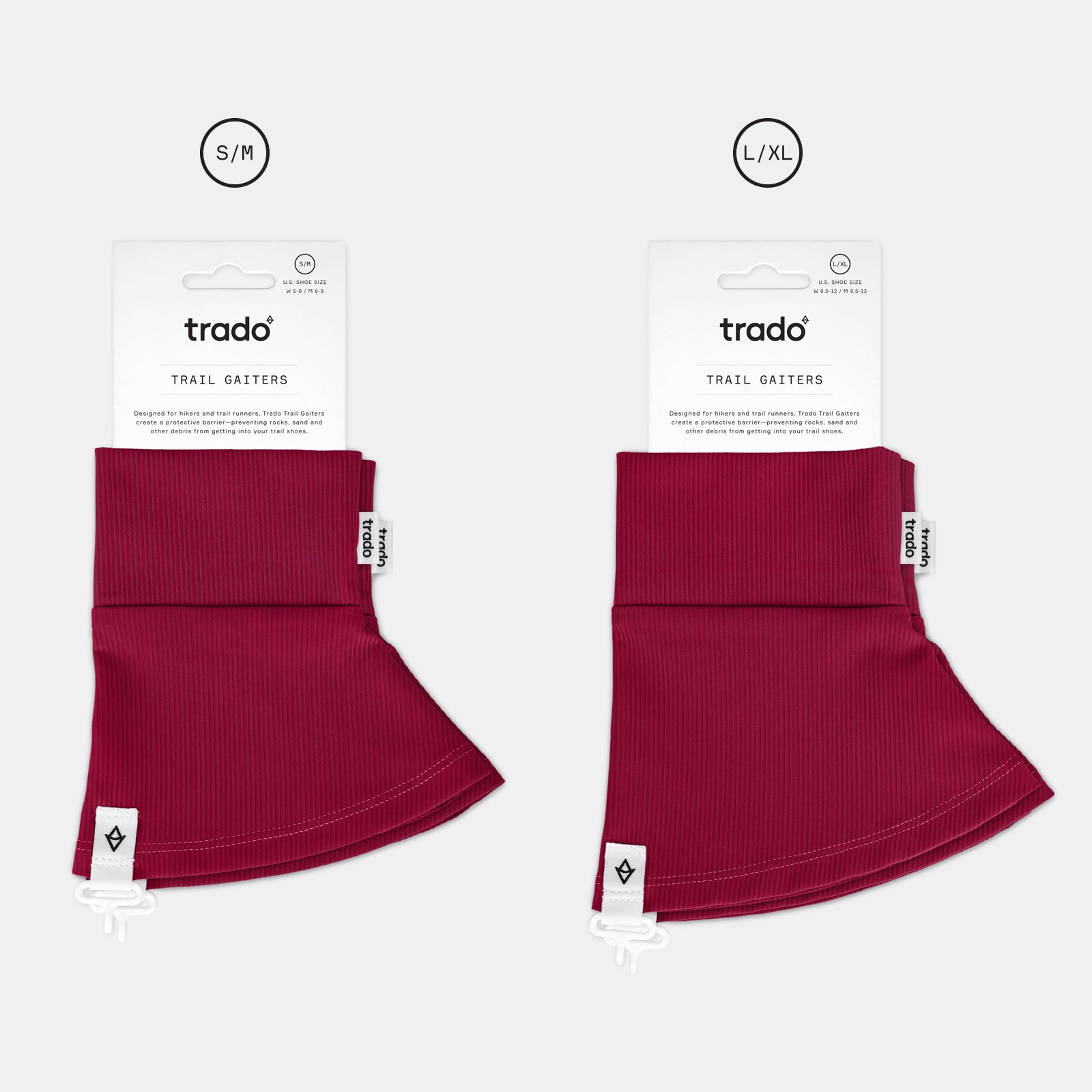 two sizes of trado trail gaiters dark red
