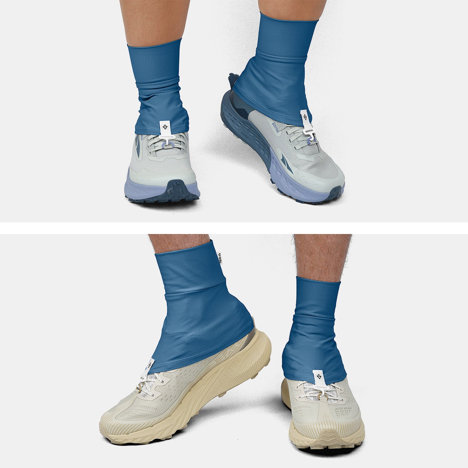 Two pairs of feet wearing trado trail gaiters on a white background blue