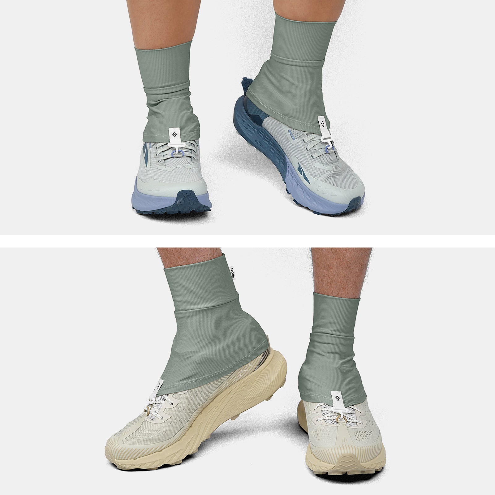 Two pairs of feet wearing trado trail gaiters on a white background dusty green