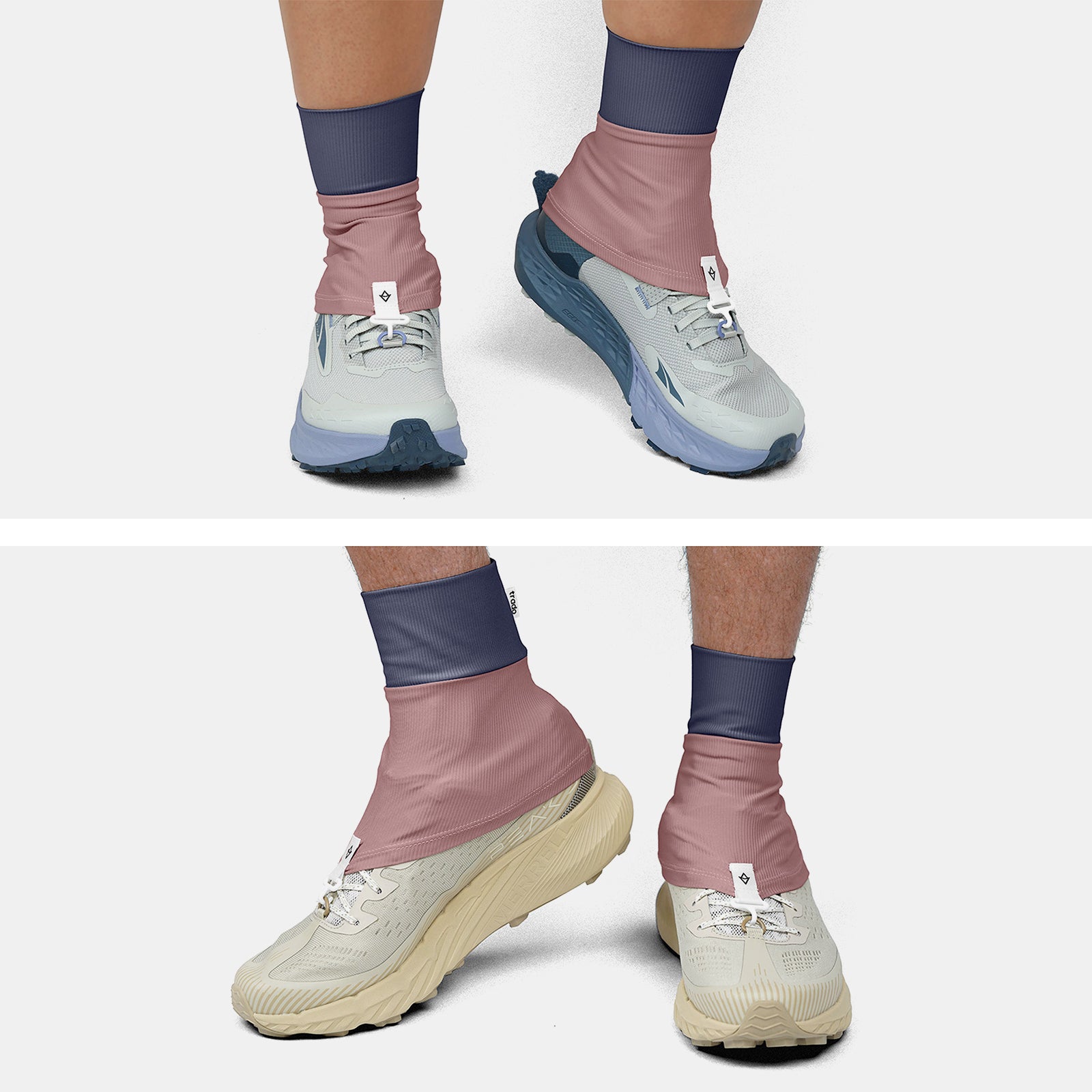 Two pairs of feet wearing dusty rose trado trail gaiters on a white background