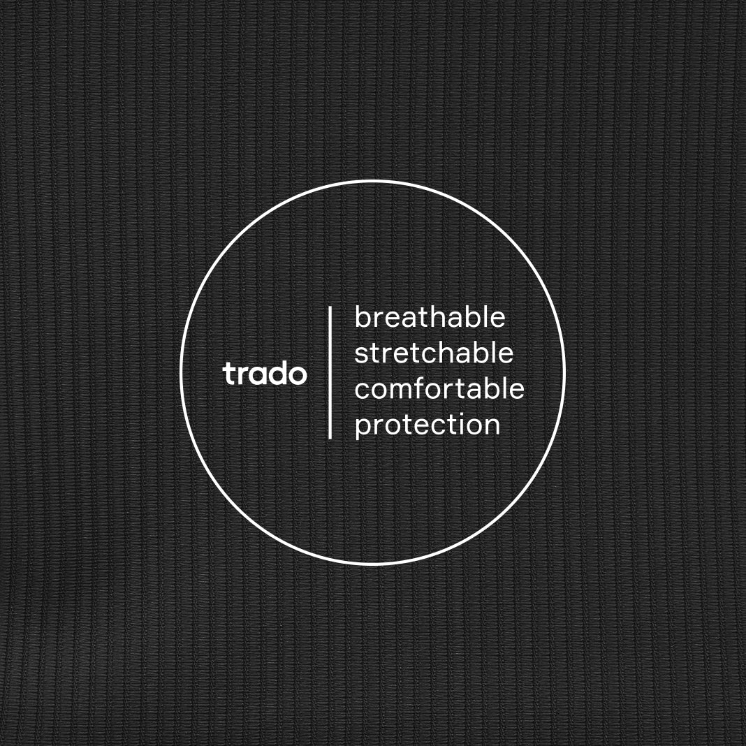 Black fabric background with 'trado' branding and text.
