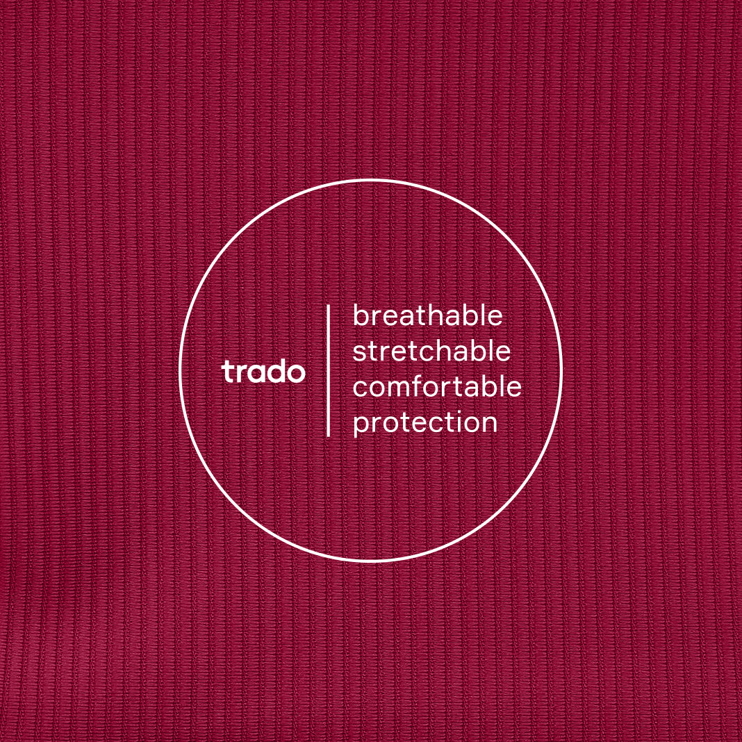 Red fabric with 'trado' branding and text on a deep red background