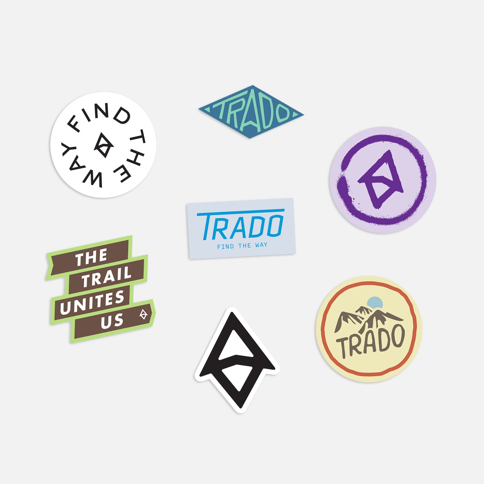 Collection of TRADO brand logos on a light gray background