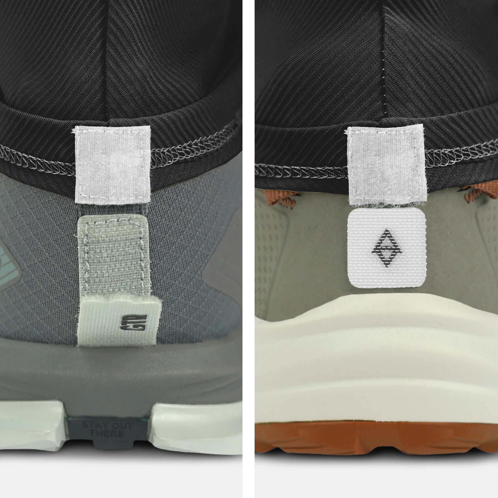Close-up of back of two shoes on a white background with gaiter compatibility and trado gaiter grips black