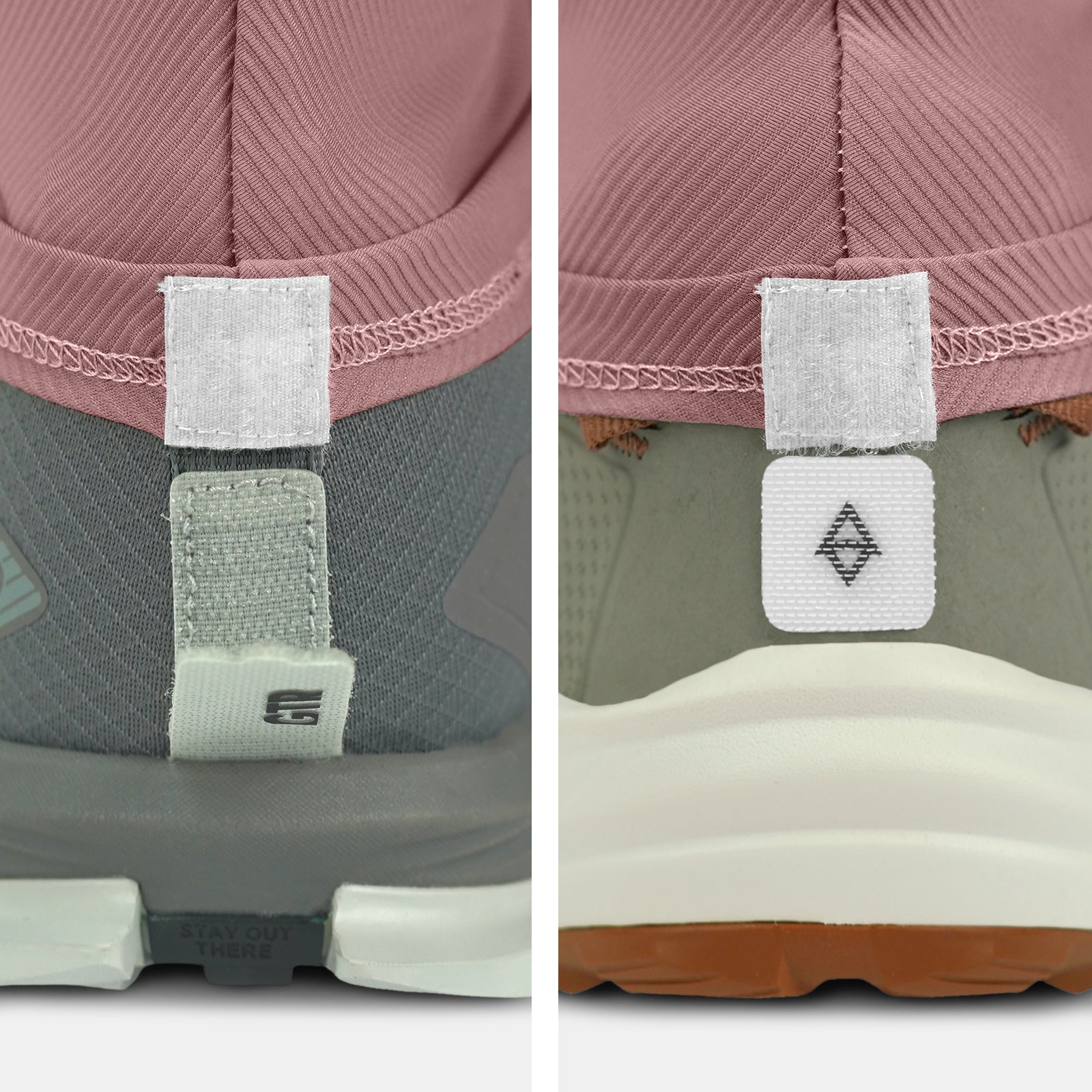 Close-up of back of two shoes on a white background with gaiter compatibility and trado gaiter grips dusty rose