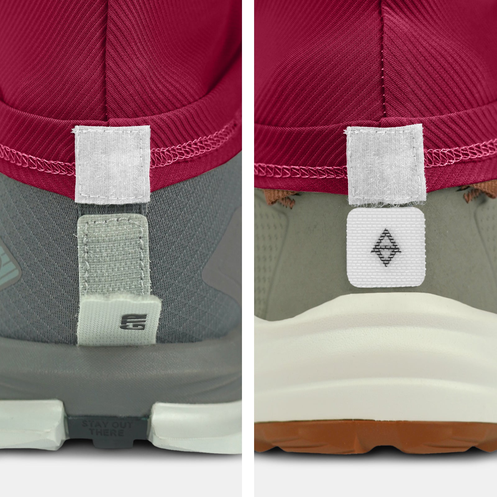 Close-up of back of two shoes on a white background with gaiter compatibility and trado gaiter grips red