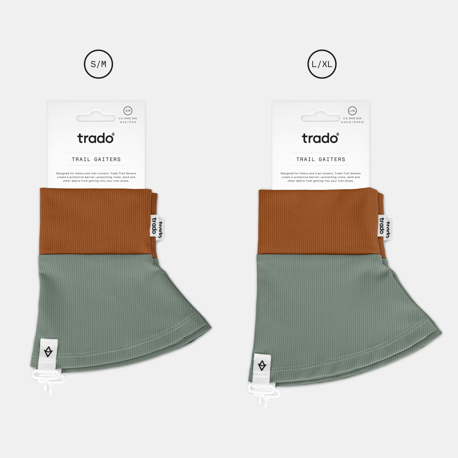 two sizes of trado trail gaiters copper dusty green