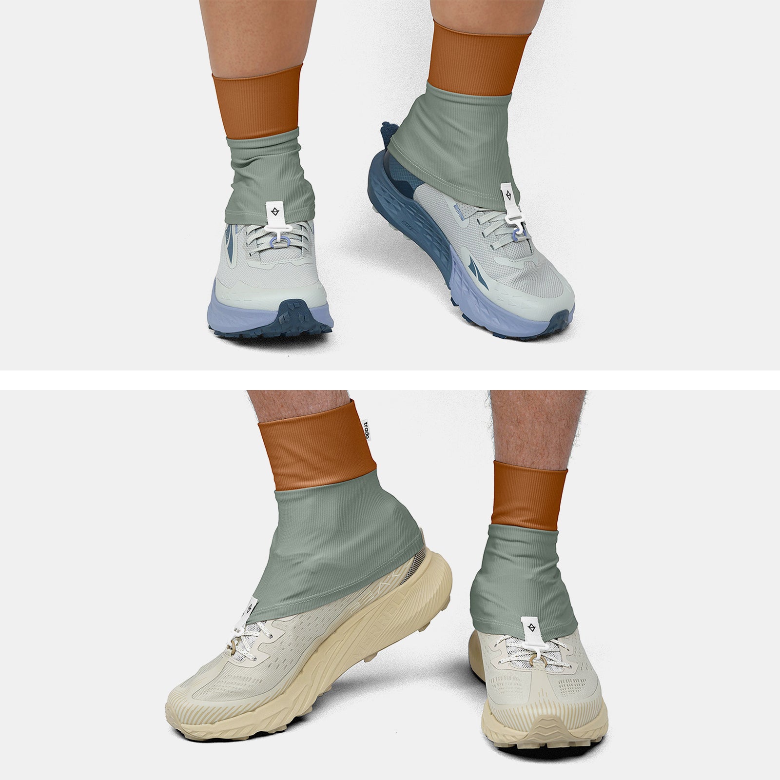 Two pairs of feet wearing trado trail gaiters on a white background  copper/dusty green