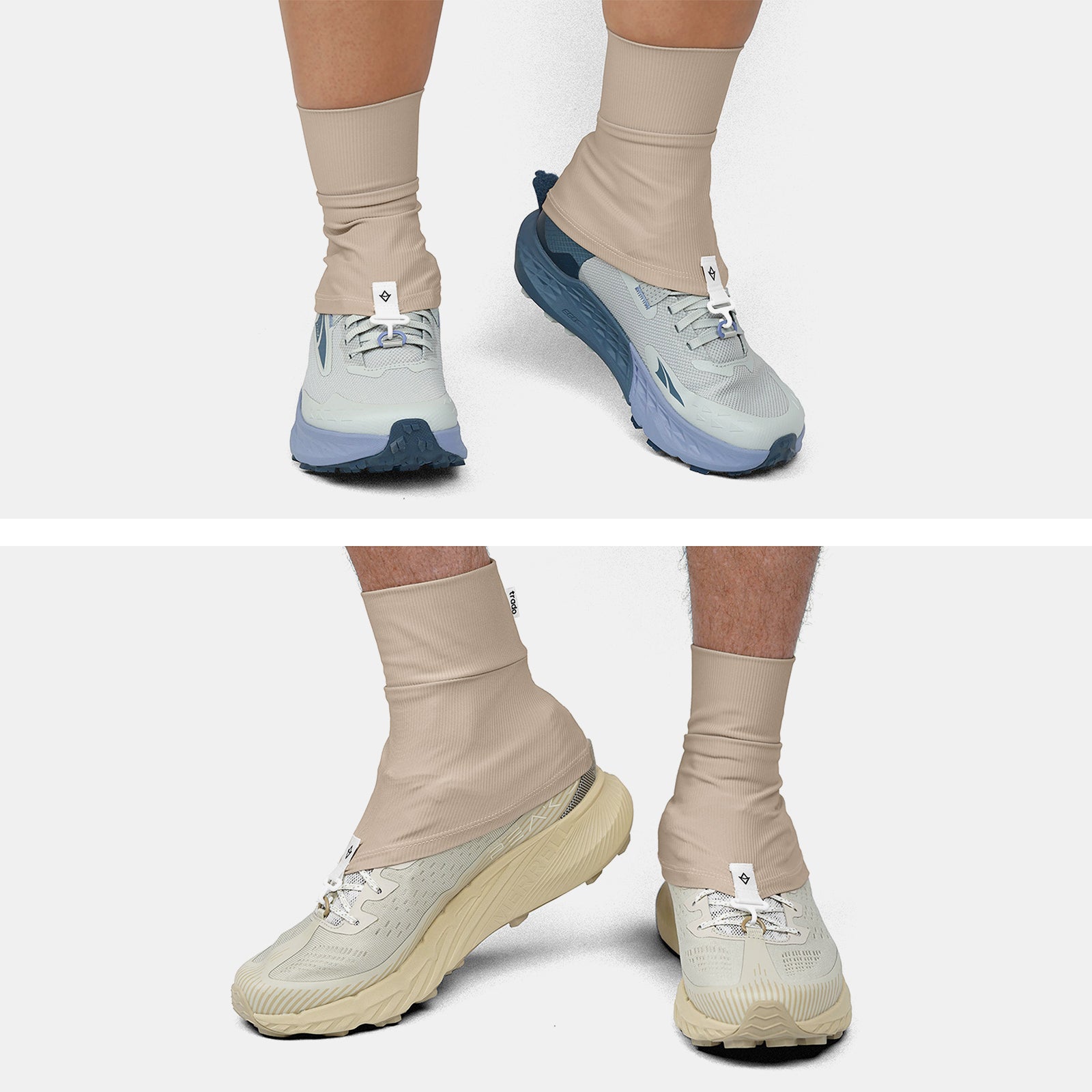 Two pairs of feet wearing trado trail gaiters on a white background tan