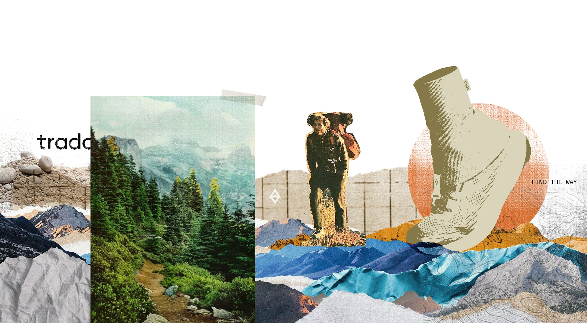 Collage of nature scenes with a mountain, trees, and a boot on a white background.